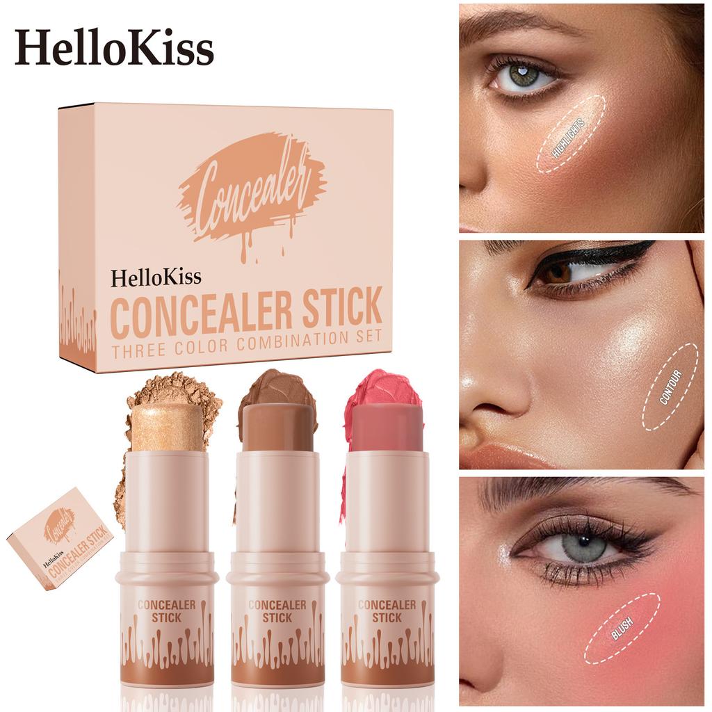 3pcs Contouring Stick Set Face Contour Stick Shadow Stick Blush Stick 3-in-1 Perfect Concealer Stick Full Coverage Breathable and Light