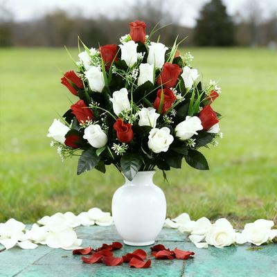 Yousheng Искусственный Цветок для Кладбища 24 Головки Искусственный Шелковый Куст Роз Мемориальный Букет Роз для Надгробий Могильный Ваза
