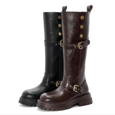 Модные Новые Женские Мотоциклетные Сапоги Ретро Коричневые До Колена Пряжка Ремень Круглый Носок Высокие Женские Сапоги Женские Ботинки на Платформе Обувь для Женщин