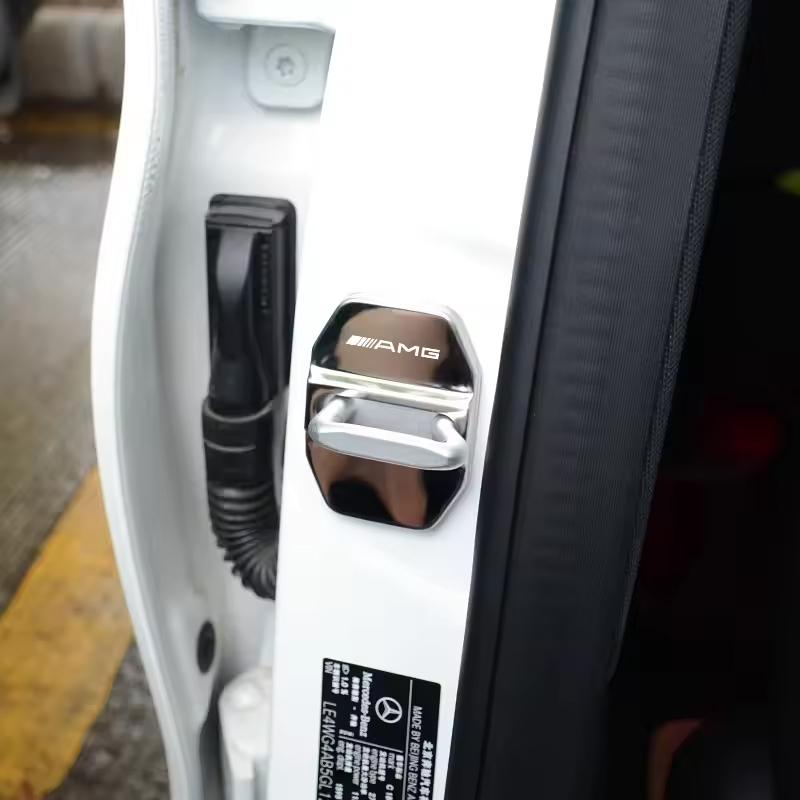4Pcs Zinc Alloy  Car Door Lock Buckle Protection Cover Anti-Collision Shock Absorbing Cushion For Mercedes Benz AMG W205 W204 W2