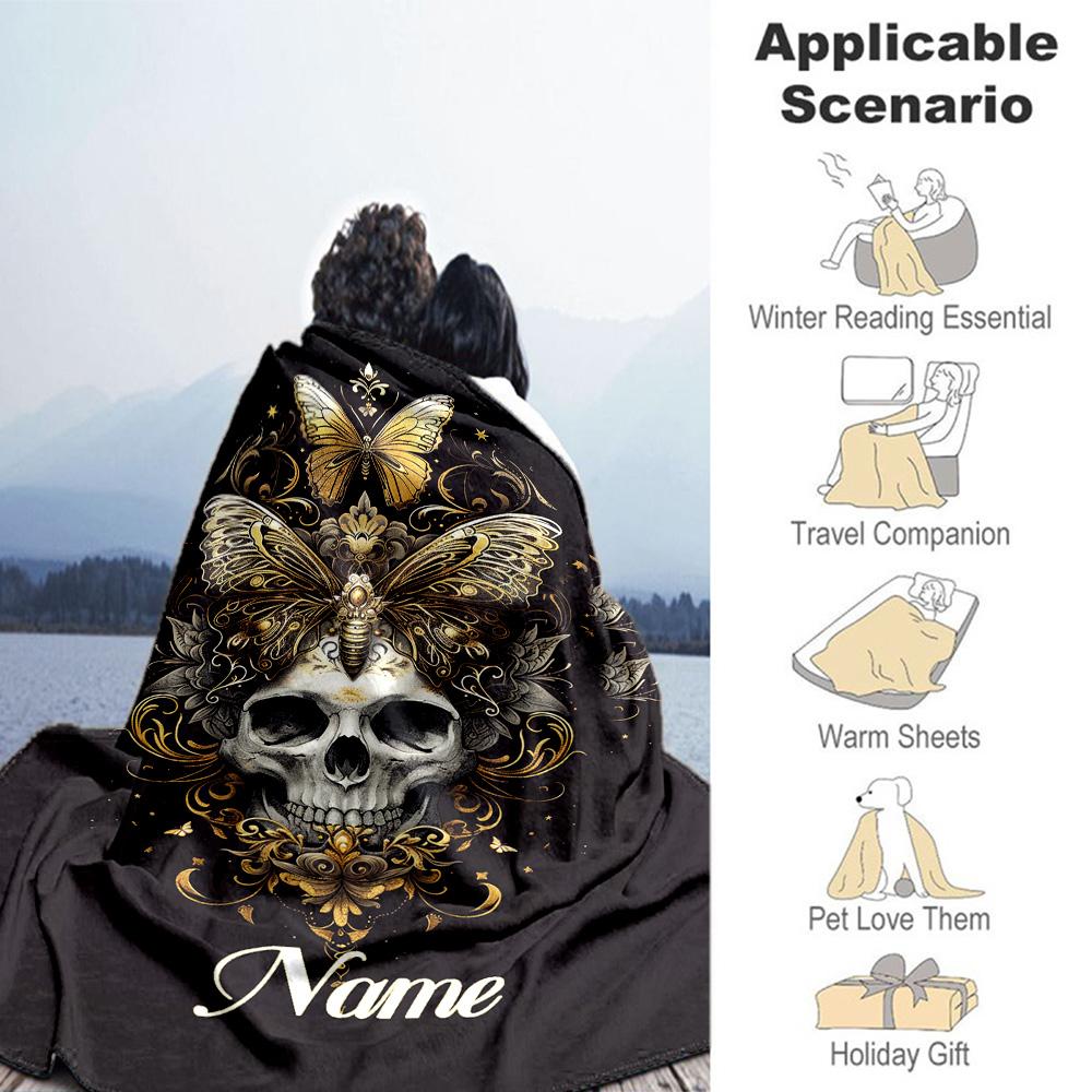 Golden Skull Butterfly Personalized Name Blanket Multi-purpose Personalized Blanket Warmthful Decor Throw For Home Decor Livingroom Office Chair