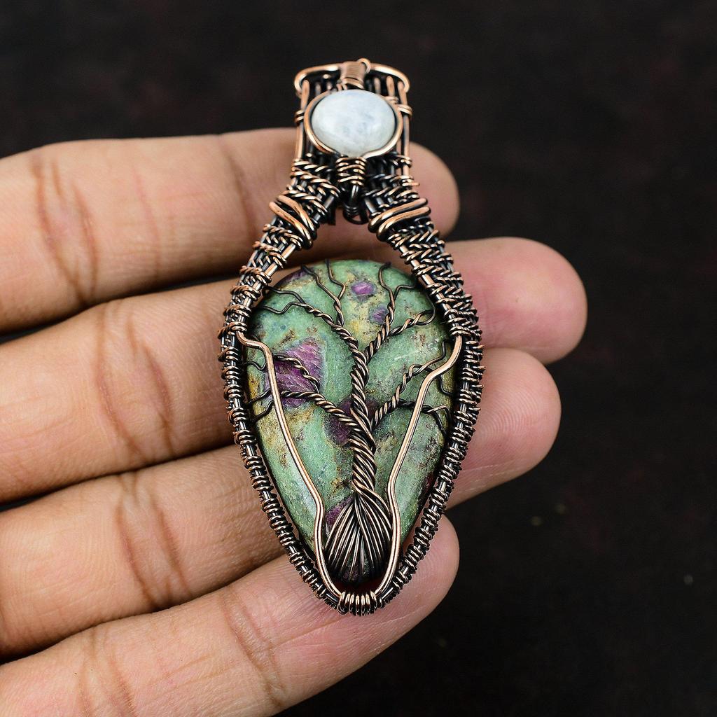 Древо Жизни Рубиновый Фуксит Медная Проволока Оплетенный Подвеска Драгоценный камень Проволочные Украшения Радужный Лунный Камень Украшения Подвеска Ручной Работы Украшения Древо Жизни