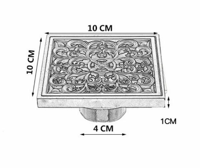 Brass Bathroom Floor Drain Square Shower Sink Drain Strainer with Removable Cover, Carved, Antique