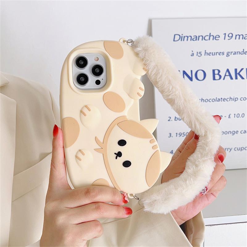 Корейский милый пушистый плюшевый браслет с мультяшным котом, силиконовый чехол для телефона для Iphone 14 13 12 11 Pro Max Kawaii, противоударный мягкий чехол