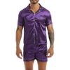 Men 2Pcs Silky Satin Pajamas Set Button Down Shirt Top with Boxer Shorts for Sleepwear Loungewear