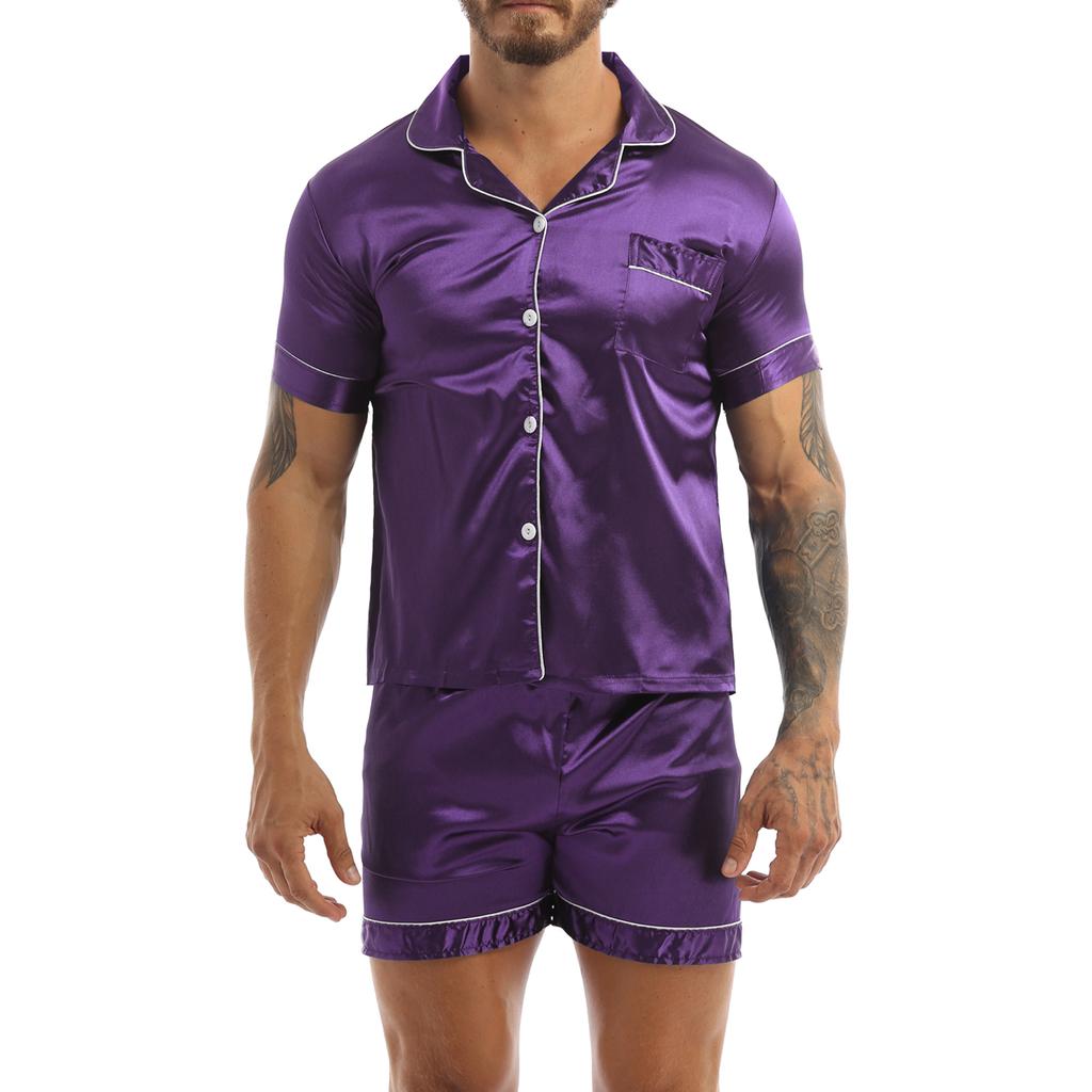 Men 2Pcs Silky Satin Pajamas Set Button Down Shirt Top with Boxer Shorts for Sleepwear Loungewear