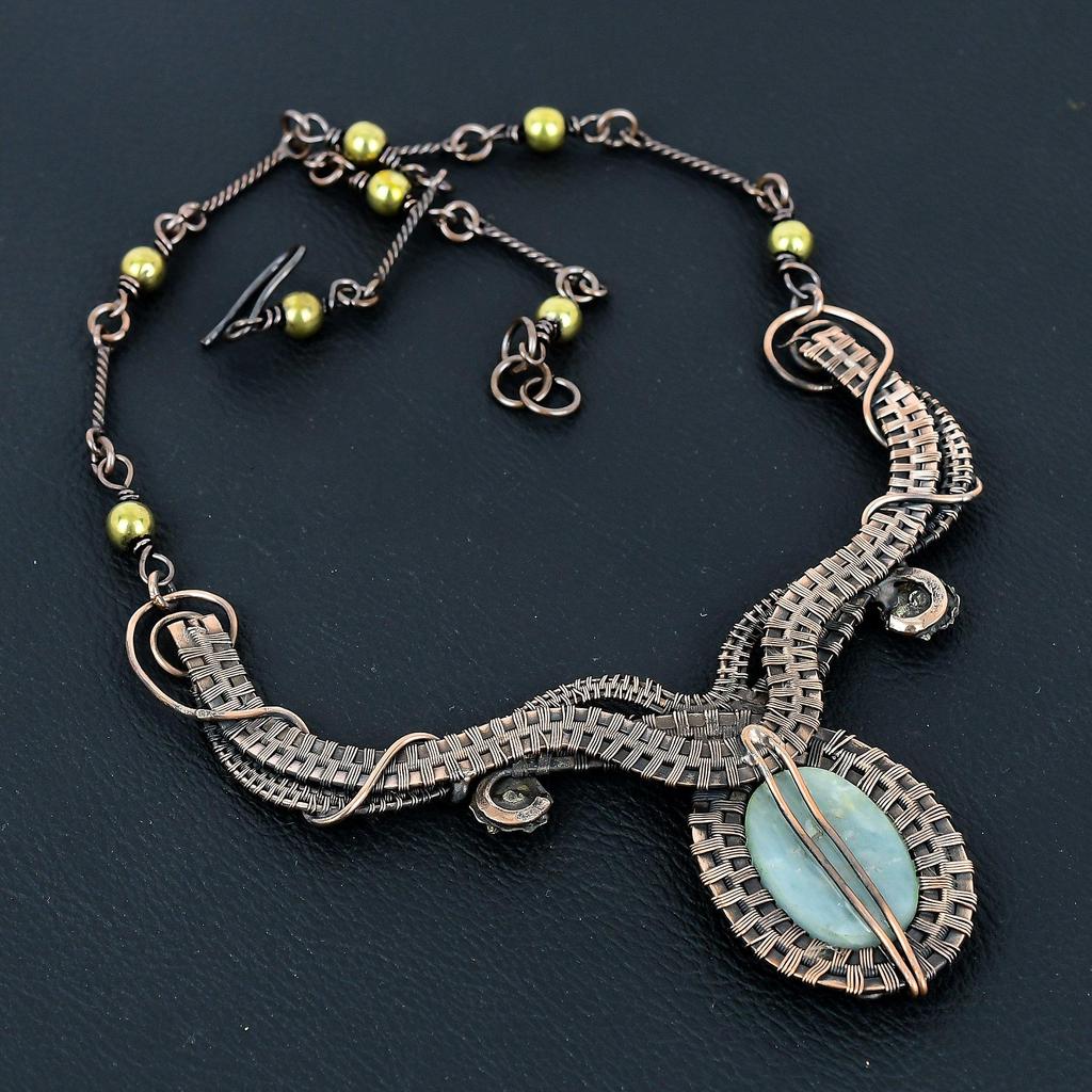 Ожерелье Аквамарин Ручная работа Ювелирные изделия, Ожерелье, обернутое медной проволокой 999 пробы, Дизайнерские ювелирные изделия с драгоценными камнями, Ожерелье с регулируемой цепочкой, Подарок для мамы