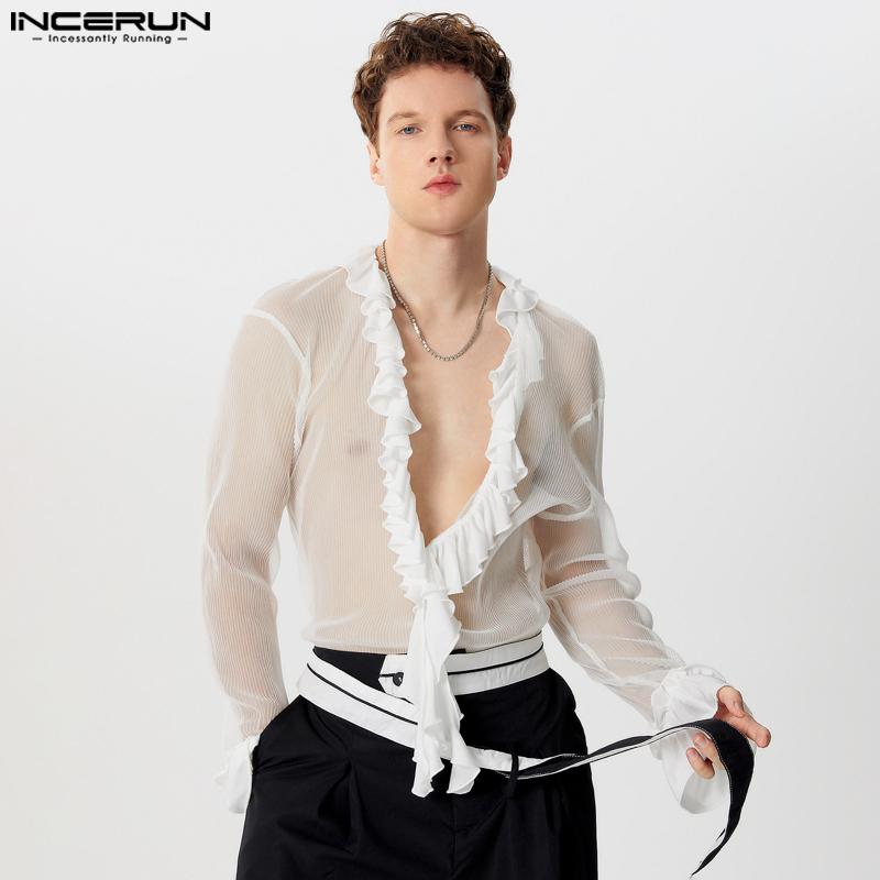 INCERUN Мужские рубашки с глубоким V-образным вырезом и длинным рукавом, оборками и сетчатыми вставками, прозрачные топы