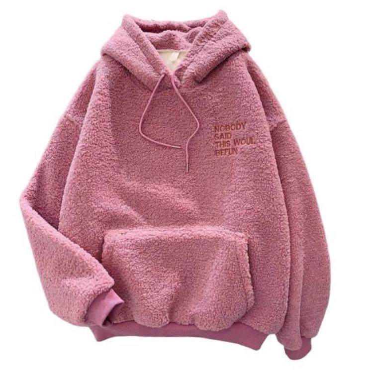 Women Fleece Hoodie Warm Winter Loose Pullover Long Sleeves Thick Letter Embroidery Top Elastic Cuff Drawstring Patch Pocket Fall Fashion