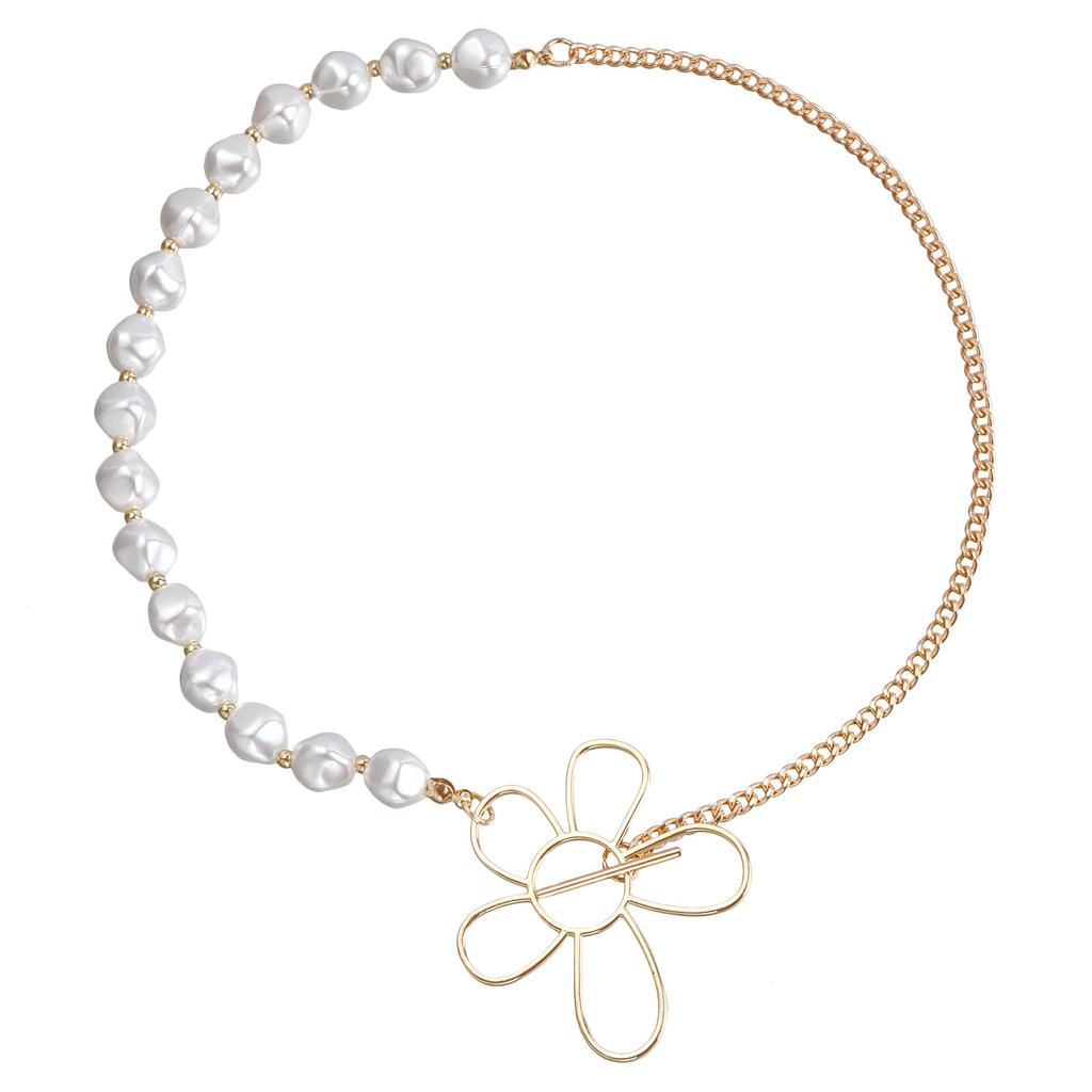 Jewelry Highlight Imitation Pearl Ccb Beaded Splicing Chain Necklace Female Geometric Hollow Flower Necklace
