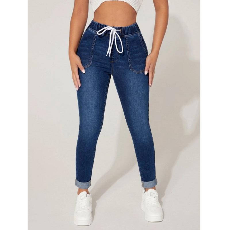 Drawstring Waist Denim Jeans For Women High Waist Stretch Pencil Pants Pantalones De Mujer