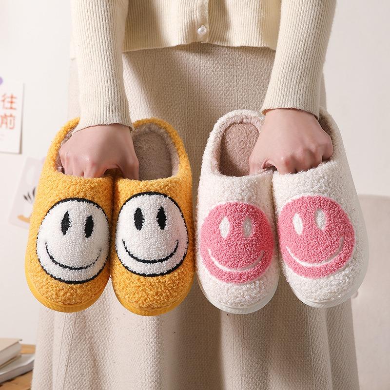 Winter Cute Cartoon Smiley Face Home Cotton Slippers Home Fluffy Slippers Female Couple Warm Slippers Indoor