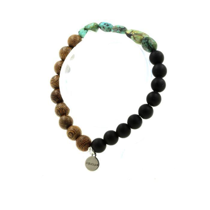 Stones and Minerals. African Turquoise Bracelet from Africa + Matte Black Onyx Beads + Wood 8 Made In France.