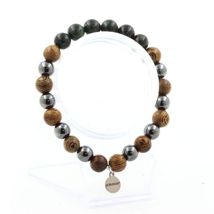 Stones and Minerals. Zambian Emerald Bracelet + Hematite Beads + 8 Mm Wood. Made In France.