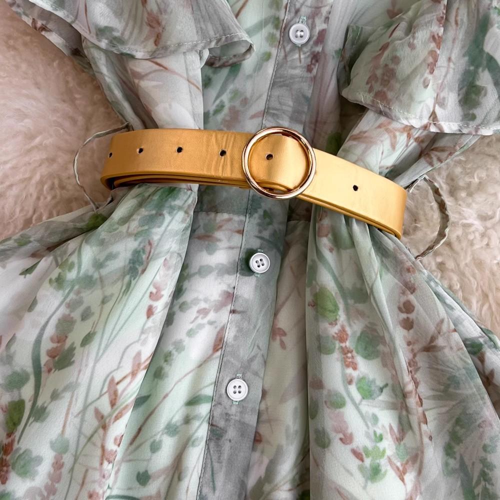 Summer Elegant Flower Chiffon Long Maxi Beach Holiday Dress Women's Butterfly Sleeve O Neck Single-Breasted Belt Floral Print Party Robe