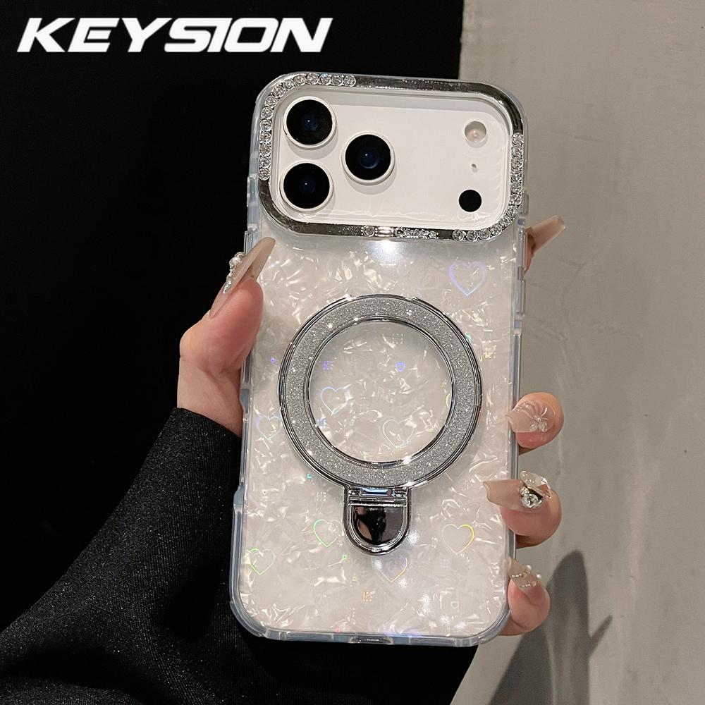 KEYSION Магнитный чехол с текстурой ракушки, инкрустированный драгоценными камнями, для iPhone 14 15 17 Pro Max Air 16Plus, противоударный бронированный чехол-накладка с кольцом-подставкой