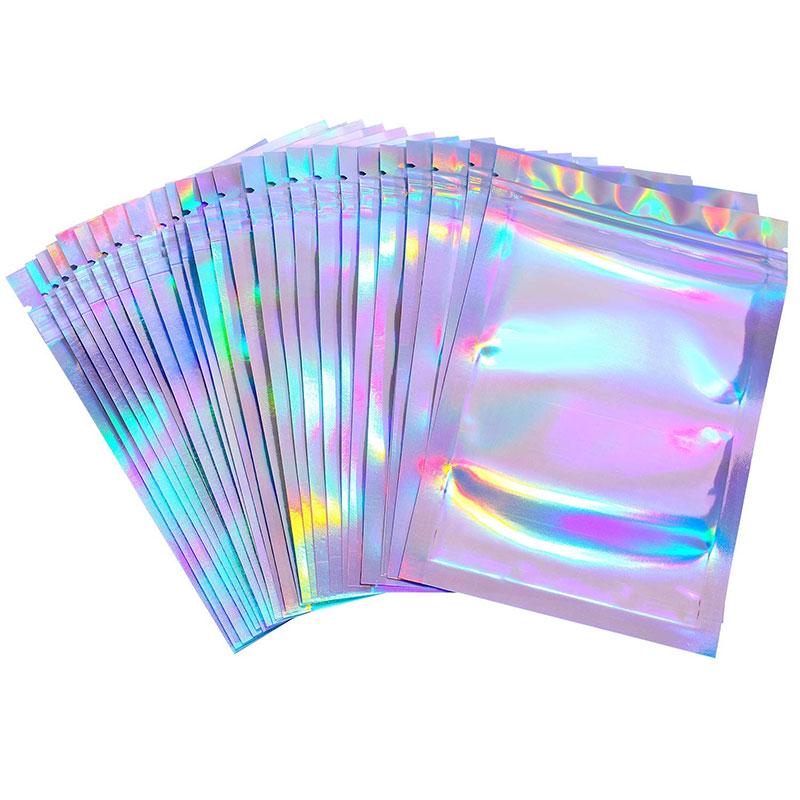 20pcs Holographic Flat Foil Bags Laser Mini Aluminum Zip Lock Plastic Bag Resealable Smell Proof Bags for Favor Food Storage Gift Package Supplies