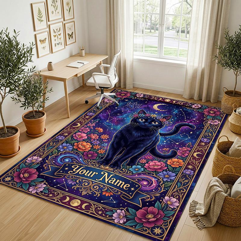 Cosmic Cat Theme Soft Crystal Velvet Rug Custom Name & Text Print Non Slip Floor Rug for Bedroom Living Room