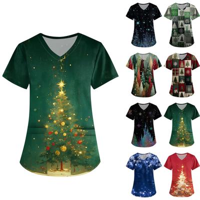 Женская рабочая униформа с принтом, V-образный вырез, карманы, базовый короткий рукав, пуловер, топ