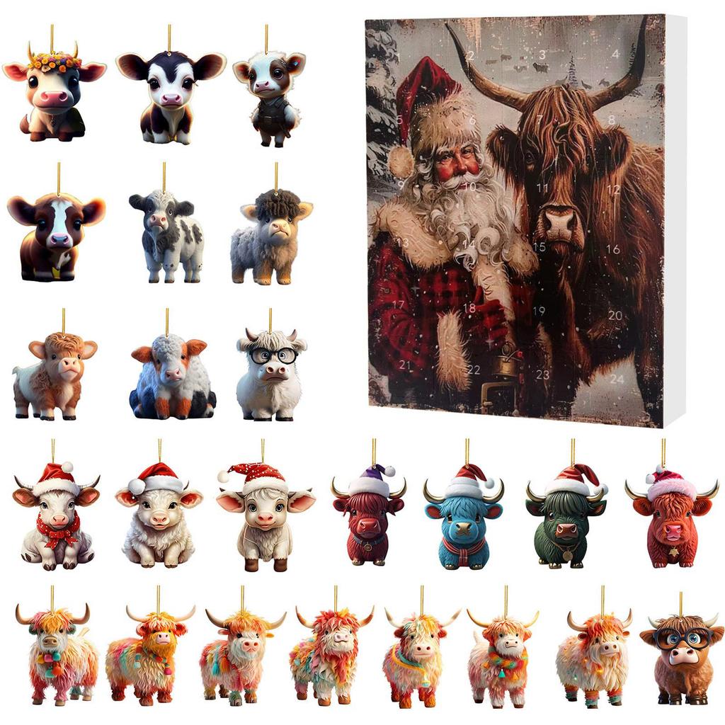 Christmas Advent Calendar Highland Cow Christmas Countdown 24pcs Christmas Tree Highland Cow Pendants Ornament 2D Flat Gift