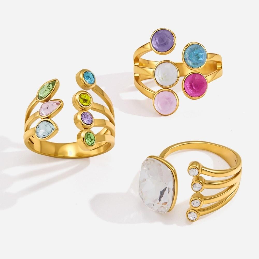 Elegant Open Ring Colorful Crystal Finger Ring Fashion Geometric Crystal Ring for Women