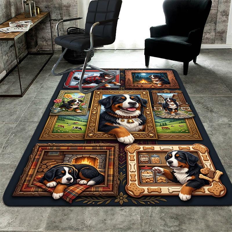 Bernese Mountain Dog Adventures Pattern Rug Floor Mat for Living Room or Bedroom Soft and Comfortable Carpet a Gift for Birthday and Holiday.