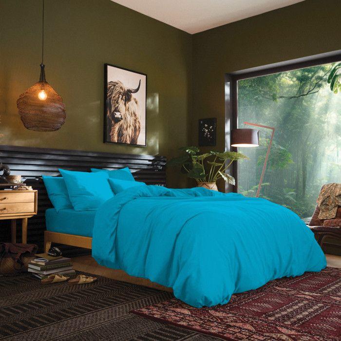 Drap housse 200 x 200 cm bonnet 30 cm "Prémium" pour lit 2 places King Size - Prémium Cyan