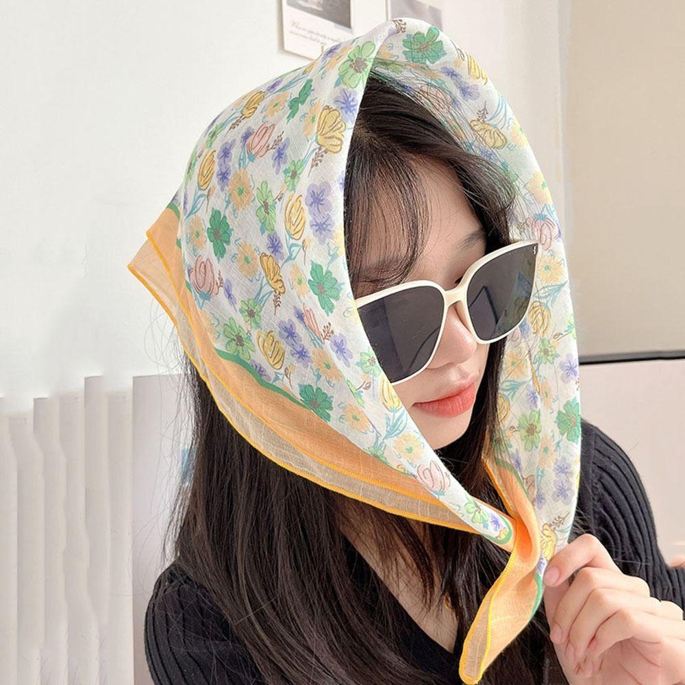 Шарфы в корейском стиле, декоративные шейные платки, квадратный платок, шелковый платок с цветочным принтом