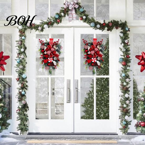 Christmas Fireplace Decoration Candy Cane Teardrop Swag, Red White Striped Peppermint Swag Festive Atmosphere Wreath for Front Door, Indoor