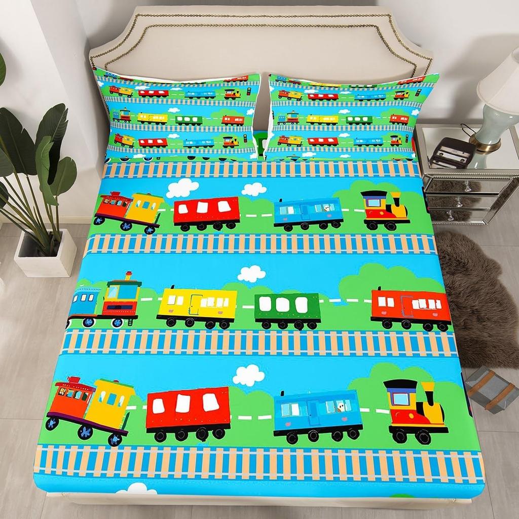 Винтажная простыня с поездом, мультяшная простыня на резинке с вагонами поезда для декора спальни подростков и взрослых, покрывало на кровать с поездом и наволочка 75*50 см