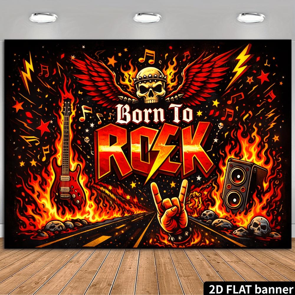 Rock Music Party Backdrop Banner, Born to Rock Winged Skull Flames Electric Guitar Amp Notes, Polyester Photo Background Wall Decor Indoor Outdoor