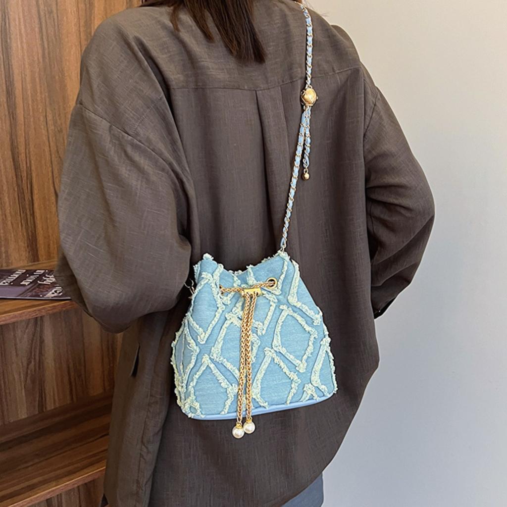 Ling Grid Chain Bucket Bag, Simple Crossbody Bag, Women's Trendy Drawstring Tassel Shoulder Bag