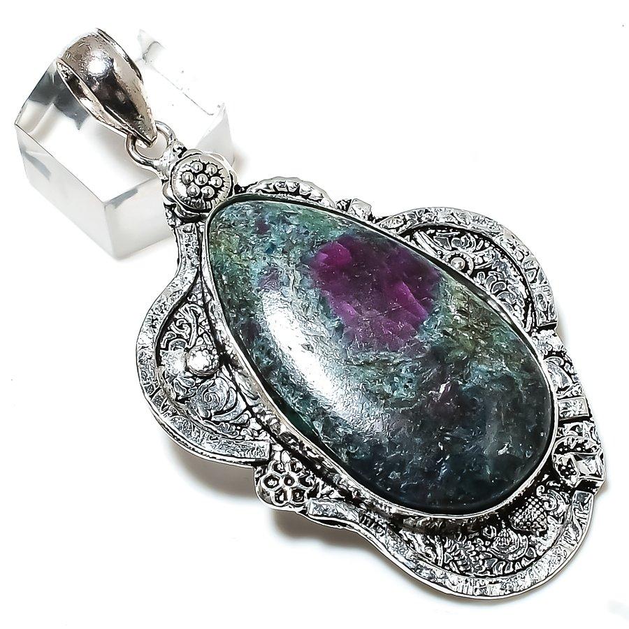 Ruby In Fuchsite Handmade Ethnic 925 Silver Jewelry Pendant 2.96" H5s89