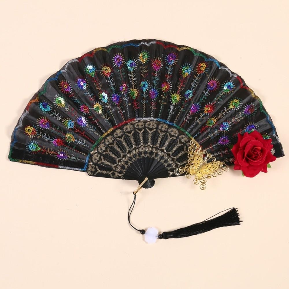 Sequin Decorated Spanish Handheld Fan Embroidered Flamenco Dance Fan New Gothic Dance Fan