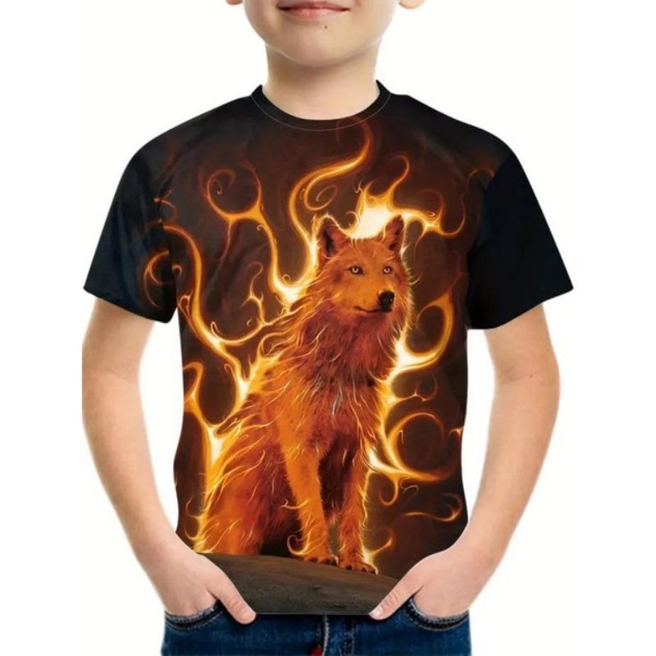 Животные Детские футболки Топы с круглым вырезом Полиэстер Повседневная Спортивная одежда Удобные футболки Лев Волк Короткий рукав 3D-принт Футболка