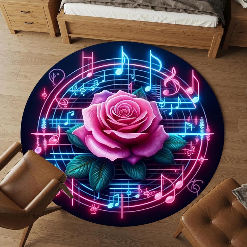 1pc Rose Music Round Chair mat office Area Rug - Non-Slip, Floor Mat for Office, Bedroom, Ideal home decor gift p0105068