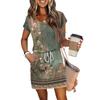 Women's Summer V-Neck Casual Short Sleeve Drawstring With Pocket Vintage Floral Dresses