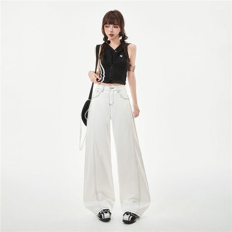 Ge Di Jie Le Sail Pure White Wide Leg Jeans Women's Splicing Style Shows Leg Length