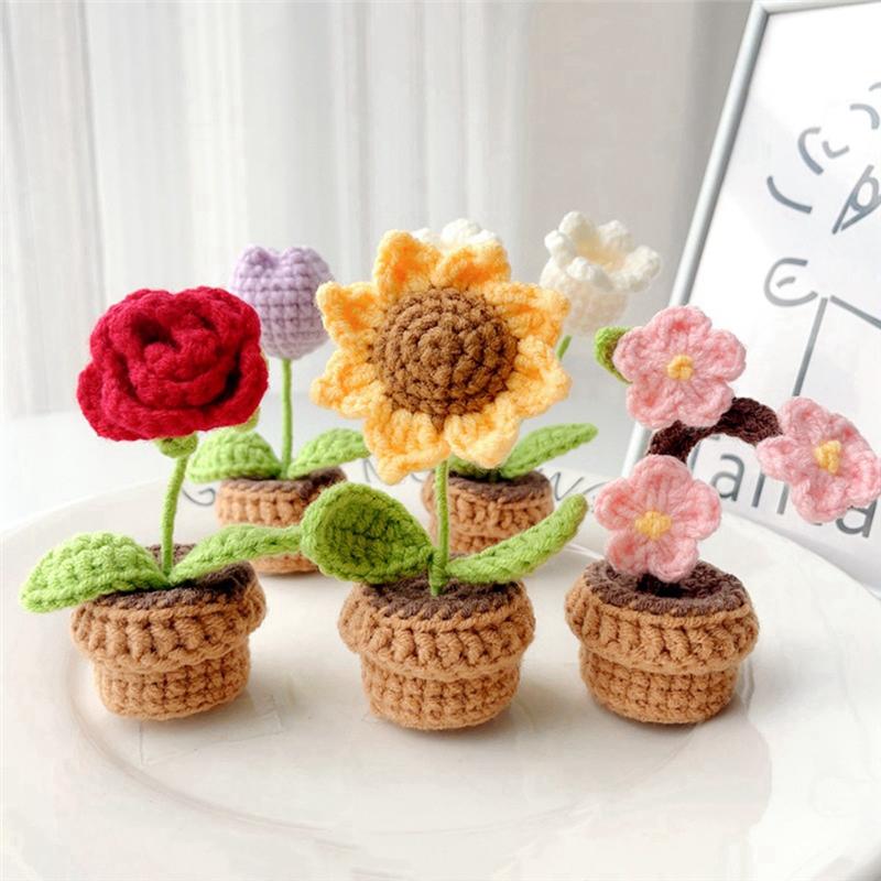 Practical-Flowers Potted Crochet Artificial Plants Finished Woven Gift Table Decoration 1 PCS D