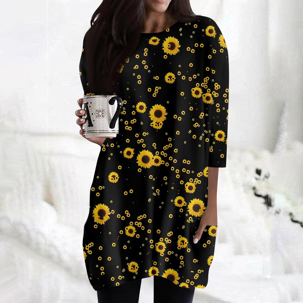 Женская модная повседневная футболка с круглым вырезом и принтом, рукавом 3/4, двойным карманом