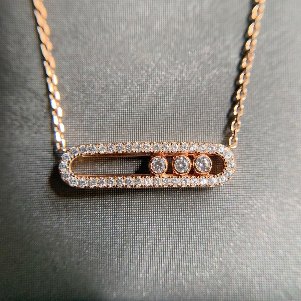 European-Style Gold-Plated S925 Silver Diamond Paperclip Necklace with Three Movable Beads