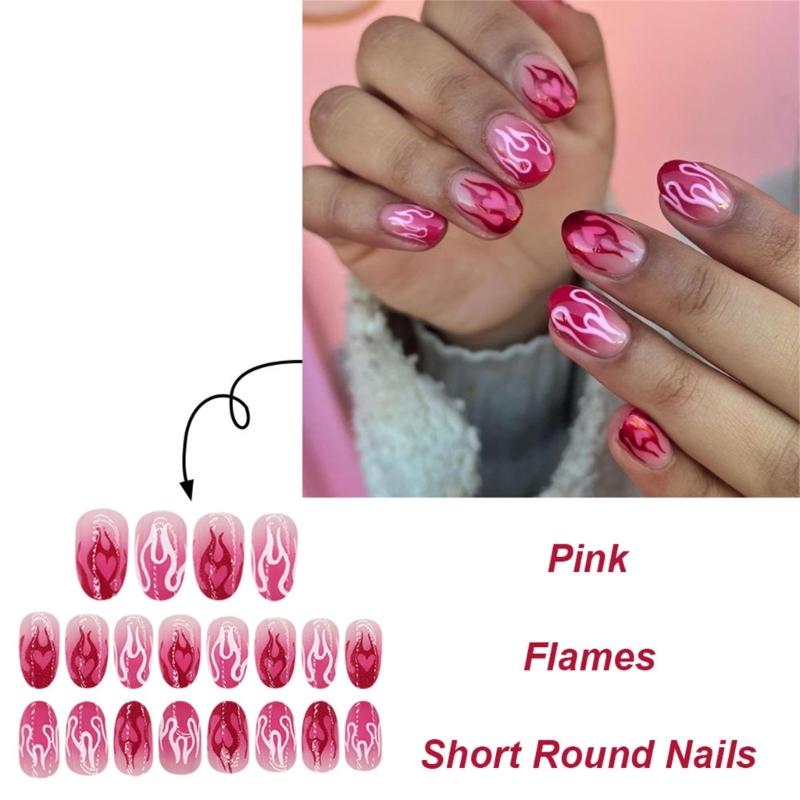 24pcs Short Press On Nail With Heart Flame Designs Acrylic False nail For Women And Girls Easy To Apply And Remove