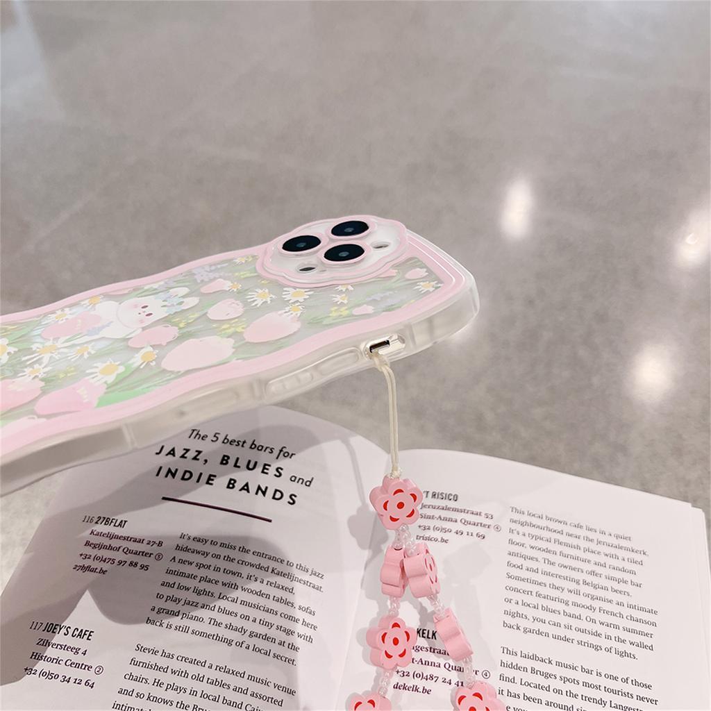 Cute Pink Flower Rabbit Wave Phone Case With Beacelet For Iphone 13 12 11 Pro Xs Max X Xr 7 8 Plus Kawaii Cover Funda