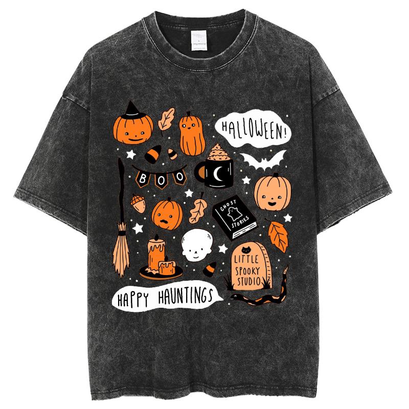 Женские футболки с принтом тыквы Happy Halloween, стираная ткань, большие дышащие, с короткими рукавами, винтажные, состаренные