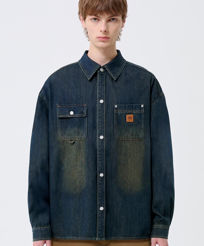 TRILLION Leather Patch Oversized Work Denim Long Sleeve Shirt_Vintage Blue
