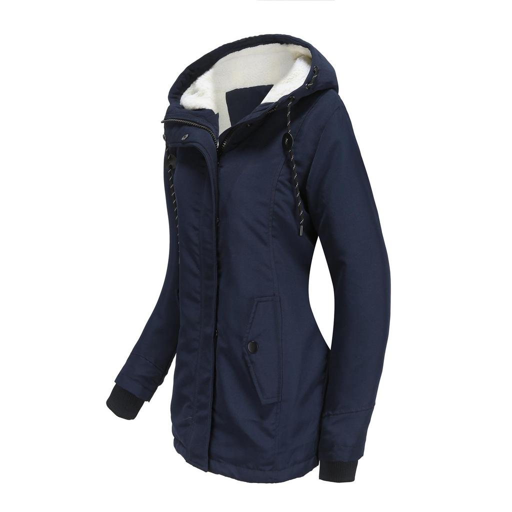 Women Hooded Collar Long Sleeve Solid Color Zipper Lamb Velvet Thickened Warm Parka S-5XL