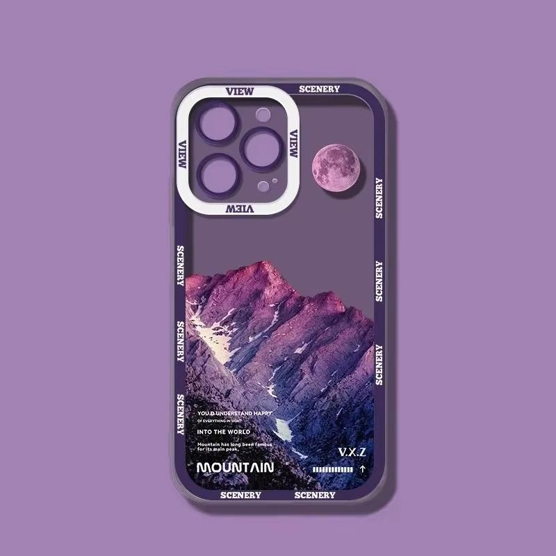 INS Фиолетово-синий закат Снежная гора Чехол для телефона Для iPhone 16 15 14 13 12 11 Pro Max XS X XR Природный пейзаж Защитный бампер
