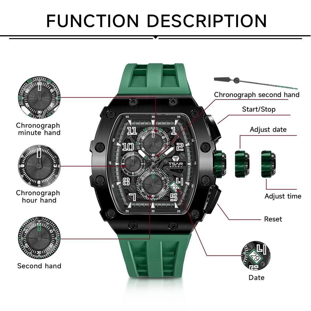 TSAR BOMBA Кварцевый Аналоговый 5 АТМ Водонепроницаемый Бочкообразный Нержавеющая Сталь Простой Большой Повседневный Спорт День Зеленый 06 Мужские Часы, Механизм, Водонепроницаемость, Форма, Корпус,