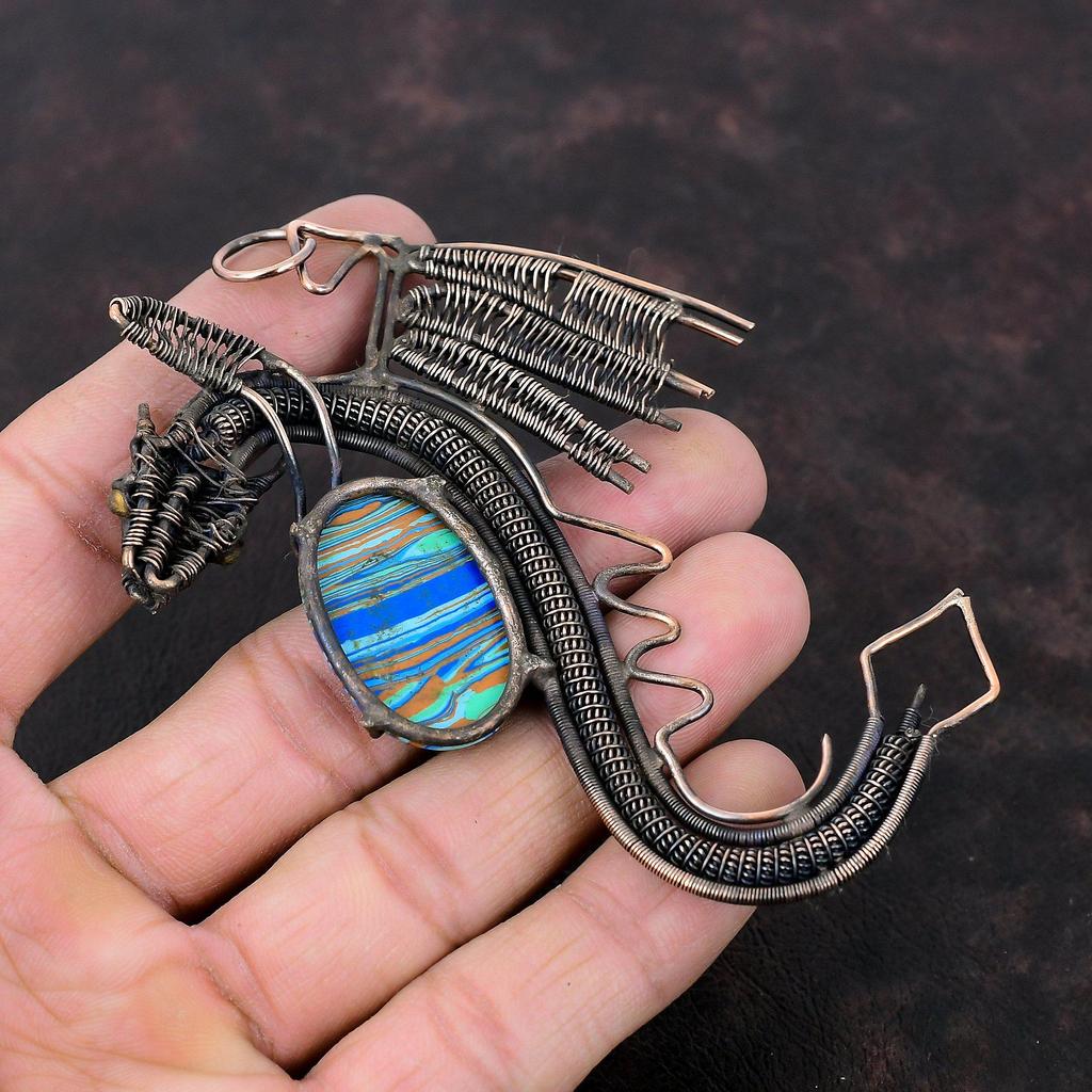 Rainbow Calsilica Pendant Copper Wire Wrapped Pendant Dragon Pendant Gemstone Copper Jewelry Gift For Women Handmade Jewelry Stylish Pendant