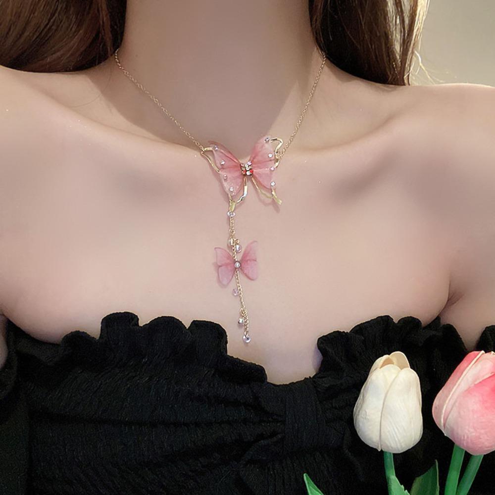 Tulle Butterfly Necklace Rhinestone Vintage Party Jewelry Versatile Versatile Neck Chain Gift